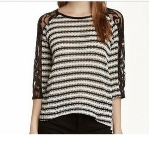 Wallpapher Black and White Stripped Top with Lace Sleeves. Size: S